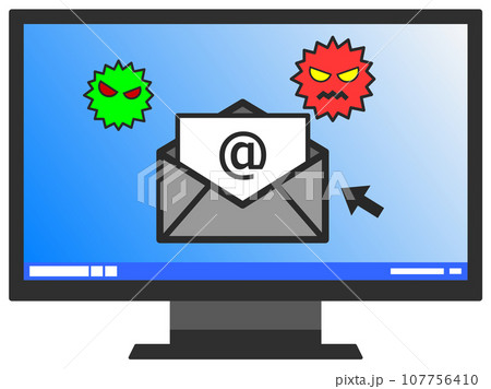 メール受信でパソコンがウイルス感染したイラスト メール受信でパソコンがウイルス感染したイラスト 107756410