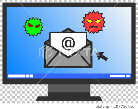 メール受信でパソコンがウイルス感染したイラスト メール受信でパソコンがウイルス感染したイラスト 107756410