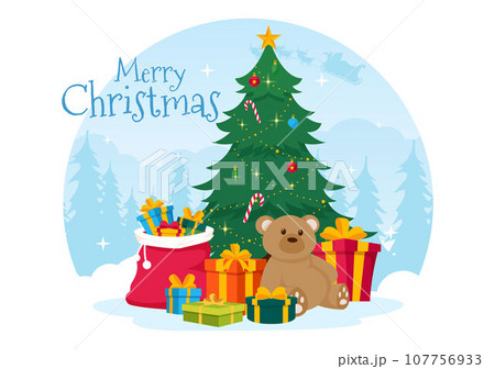 Merry Christmas Vector Illustration with Santa Claus, Bauble Ball, Gift Box, Surprise Gifts, Trees and Snow Background in Flat Cartoon Design Merry Christmas Vector Illustration with Santa Claus, Bauble Ball, Gift Box, Surprise Gifts, Trees and Snow Background in Flat Cartoon Design 107756933