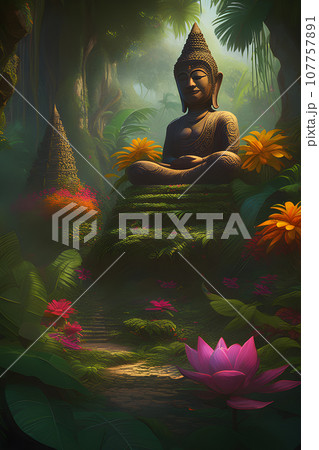 the painting of buddha statue with flower 107757891