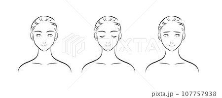 美容用の女性の顔、表情のイラスト モノクロ 美容用の女性の顔、表情のイラスト モノクロ 107757938
