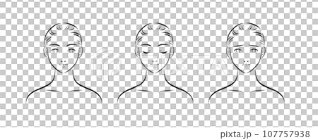 美容用の女性の顔、表情のイラスト モノクロ 美容用の女性の顔、表情のイラスト モノクロ 107757938