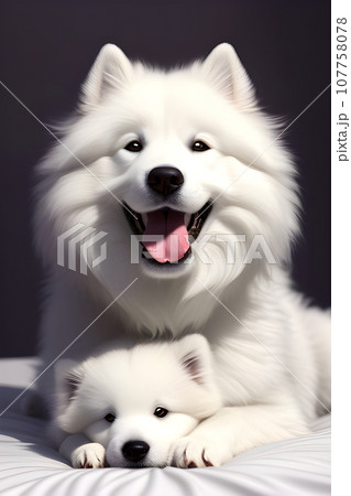 a white huge fluffy dog, one dog hugging dog a white huge fluffy dog, one dog hugging dog 107758078