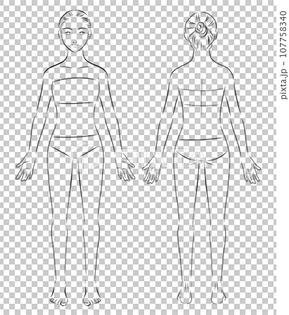 一個穿著泳衣的女人的全身插圖,正面和背面,單色 一個穿著泳衣的女人的全身插圖,正面和背面,單色 107758340