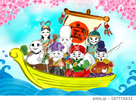 宝船に乗った七福神の手描き和風イラスト 107758832