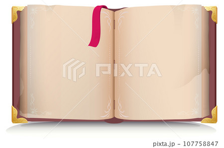 Open book spread with empty blank page and red bookmark Open book spread with empty blank page and red bookmark 107758847