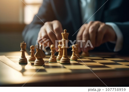 Businessman strategizes success on chess board . generative AI Businessman strategizes success on chess board . generative AI 107758959