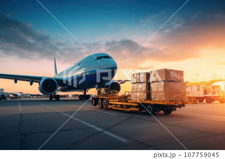 Loading cargo plane outside air freight logistic. Shipping boxes ready to be delivered. Generative AI 107759045