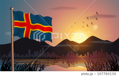 Aland Islands flags flutter against the sunrise sky and beautiful lake. Celebrating national day and travel tourism 107760130