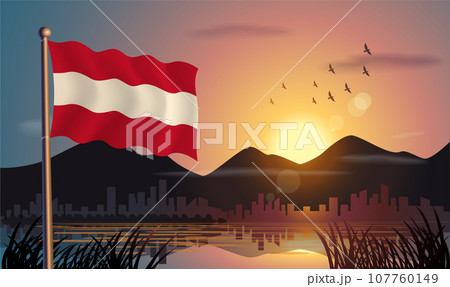 Austria flags flutter against the sunrise sky and beautiful lake. Celebrating national day and travel tourism 107760149