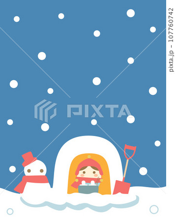 カマクラと雪ダルマの冬をイメージしたイラスト　縦書きバージョン 107760742