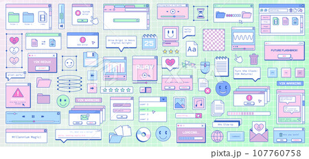 Y2K New Year's Sale Banner. Vintage PC Interface with Groovy 70s Colors! Retro Christmas Tree, Snowman and Ornaments in Cartoon Design. Perfect for Cards, Posters, and Retro Design Greetings Card.	 107760758