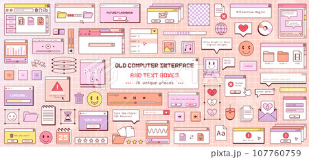 Y2K Retro Digital Interface Vector Collection: 90s-2000s Pastel Aesthetic Desktop Design Elements, Icons, Text Boxes, UI Patterns, and Nostalgic Computer Graphics Illustrations. Y2K Retro Digital Interface Vector Collection: 90s-2000s Pastel Aesthetic Desktop Design Elements, Icons, Text Boxes, UI Patterns, and Nostalgic Computer Graphics Illustrations. 107760759