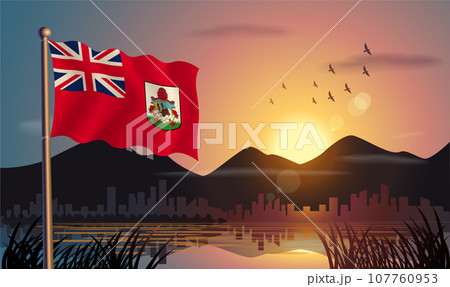 Bermuda flags flutter against the sunrise sky and beautiful lake. Celebrating national day and travel tourism 107760953