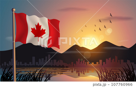 Canada flags flutter against the sunrise sky and beautiful lake. Celebrating national day and travel tourism 107760966