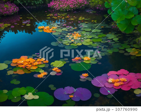 カラフルな植物が印象的な池【AI生成画像】 107760990