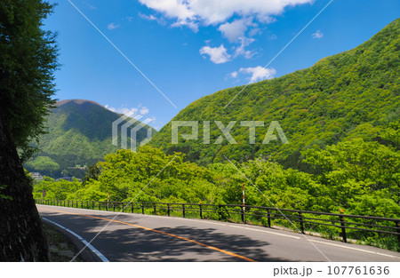 山あいの緩やかな左カーブの片側一車線道路 山あいの緩やかな左カーブの片側一車線道路 107761636