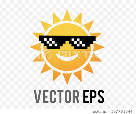 Gradient yellow and orange sun icon with smily face and pixel sunglasses Gradient yellow and orange sun icon with smily face and pixel sunglasses 107761644