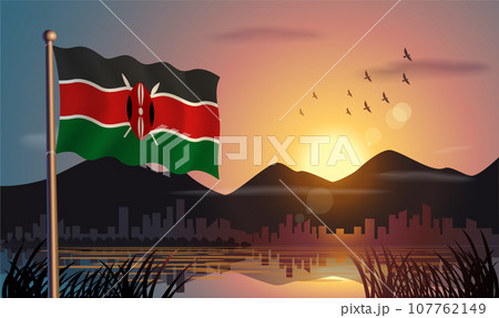Kenya flags flutter against the sunrise sky and beautiful lake. Celebrating national day and travel tourism 107762149