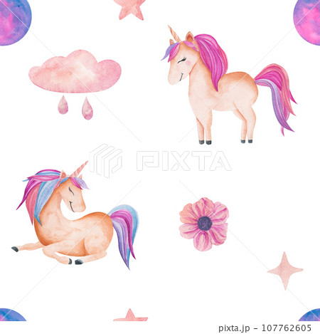 Seamless pattern with unicorn, sweet flowers, cloud with raindrops. Watercolor illustration isolated on white. Background for printing on fabric, covers, children's textiles, scrapbooking Seamless pattern with unicorn, sweet flowers, cloud with raindrops. Watercolor illustration isolated on white. Background for printing on fabric, covers, children's textiles, scrapbooking 107762605