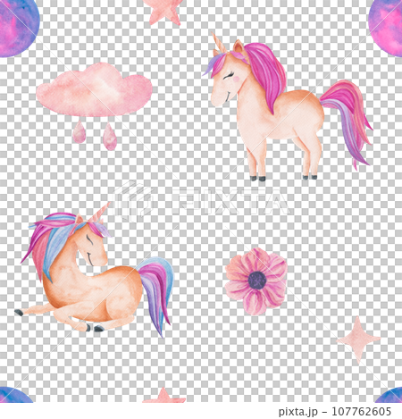 Seamless pattern with unicorn, sweet flowers, cloud with raindrops. Watercolor illustration isolated on white. Background for printing on fabric, covers, children's textiles, scrapbooking Seamless pattern with unicorn, sweet flowers, cloud with raindrops. Watercolor illustration isolated on white. Background for printing on fabric, covers, children's textiles, scrapbooking 107762605