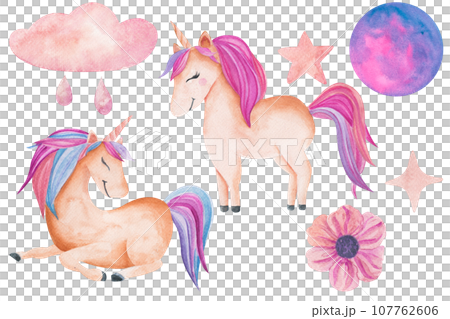 Set of watercolor illustration of unicorn, stars, flowers, cloud with raindrops and magic planet isolated on white. Clipart for children's cards, posters, stickers, stickers, children parties. Set of watercolor illustration of unicorn, stars, flowers, cloud with raindrops and magic planet isolated on white. Clipart for children's cards, posters, stickers, stickers, children parties. 107762606