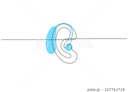Hearing aid in human ear continuous one line drawing. Hearing device minimal single line illustration. International week of the deaf vector. Hearing aid in human ear continuous one line drawing. Hearing device minimal single line illustration. International week of the deaf vector. 107762726