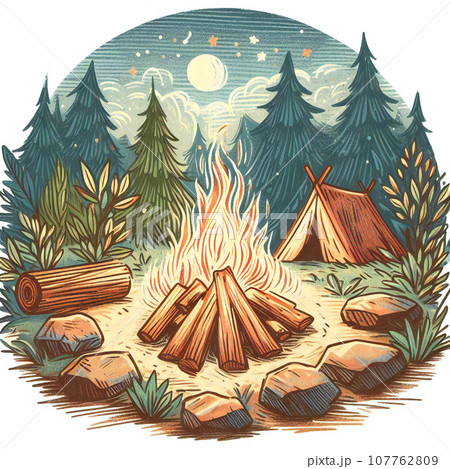 絵画「初冬の森の焚火」 森の中の小さな焚き火のイラスト素材