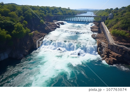 Clean energy by hydropower plant from downstream water. Generative AI. 107763074