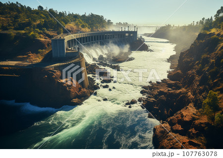 Clean energy by hydropower plant from downstream water. Generative AI. 107763078