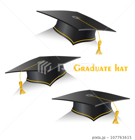 Black graduation hat with golden elements in different positions. Education student caps for ceremony. Vector isolated symbol 107763615