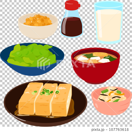 使用大豆的菜餚和食品的插圖集 使用大豆的菜餚和食品的插圖集 107763618