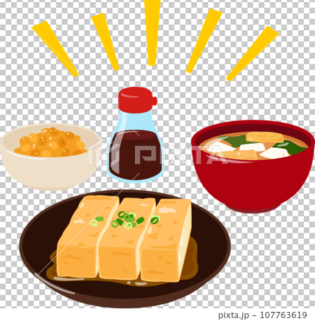Tofu miso soup, natto, fried tofu, and soybean dishes 107763619