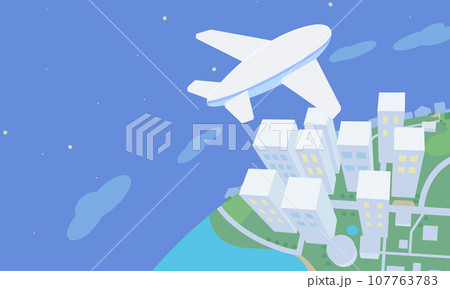 街の上空を飛ぶ飛行機のイラスト夜 街の上空を飛ぶ飛行機のイラスト夜 107763783