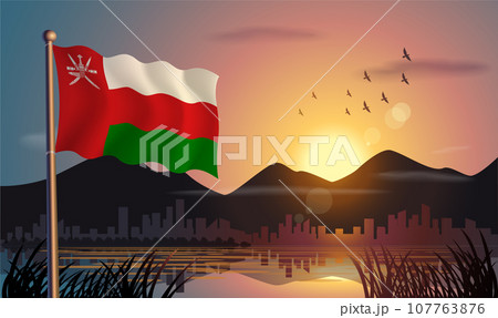 Oman flags flutter against the sunrise sky and beautiful lake. Celebrating national day and travel tourism 107763876