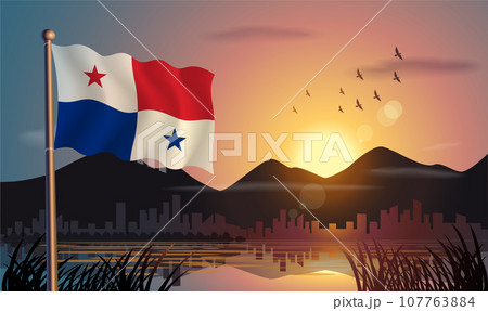 Panama flags flutter against the sunrise sky and beautiful lake. Celebrating national day and travel tourism 107763884