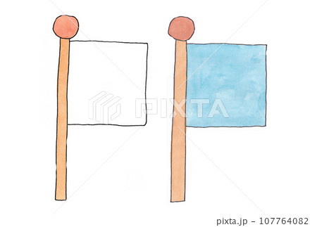 水性ペンと透明水彩絵の具で描いた白と水色の旗のイラストセット 107764082