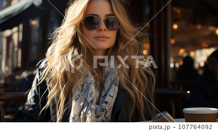 fashionable portrait of a young fashionable blonde woman in sunglasses fashionable portrait of a young fashionable blonde woman in sunglasses 107764092