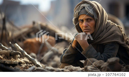 a shocked woman sits on the ruins of a house in...のイラスト素材 [107764102