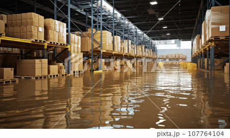 Flooded Warehouse With Cardboard Boxes Floating On Water Flooded Warehouse With Cardboard Boxes Floating On Water 107764104