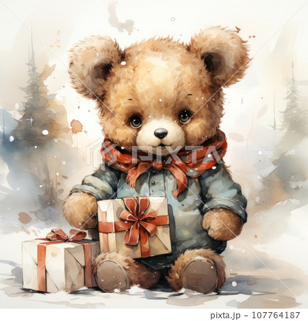 a bear cub in a coat and scarf brings Christmas gifts to his family. a holiday card in Watercolor style a bear cub in a coat and scarf brings Christmas gifts to his family. a holiday card in Watercolor style 107764187