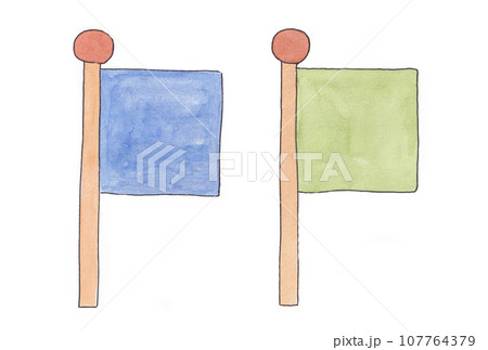 水性ペンと透明水彩絵の具で描いた青色と黄緑色の旗のイラストセット 107764379