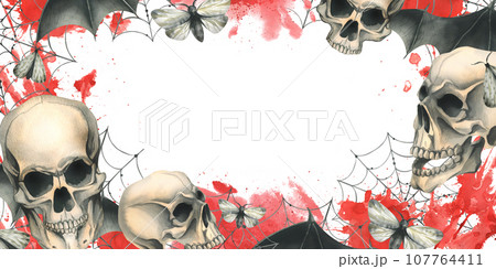 Human skull with black bat wings with a bloodstain, cobwebs and night moths for the holiday of Death Day and Halloween. Watercolor illustration, hand drawn. Template on a white background. Human skull with black bat wings with a bloodstain, cobwebs and night moths for the holiday of Death Day and Halloween. Watercolor illustration, hand drawn. Template on a white background. 107764411