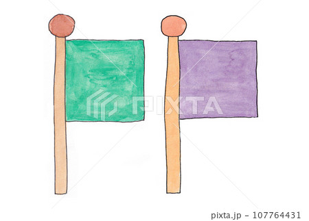 水性ペンと透明水彩絵の具で描いた緑色と紫色の旗のイラストセット 107764431