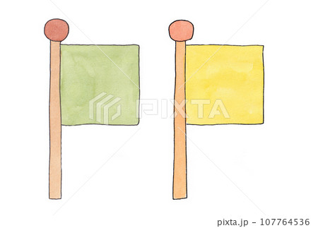 水性ペンと透明水彩絵の具で描いた黄緑色と黄色の旗のイラストセット 107764536