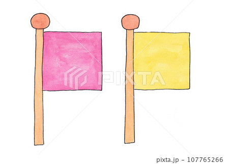 水性ペンと透明水彩絵の具で描いた桃色と黄色の旗のイラストセット 107765266