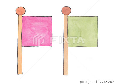 水性ペンと透明水彩絵の具で描いた桃色と黄緑色の旗のイラストセット 107765267