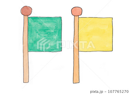 水性ペンと透明水彩絵の具で描いた緑色と黄色の旗のイラストセット 107765270