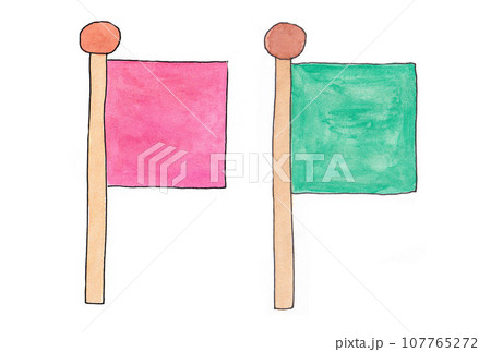 水性ペンと透明水彩絵の具で描いた赤と緑色の旗のイラストセット 107765272