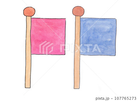 水性ペンと透明水彩絵の具で描いた赤と青色の旗のイラストセット 107765273